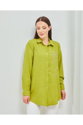 پیراهن سبز زنانه اورسایز آستین-بلند مخلوط کتان کد 740890056