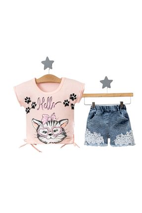 ست بالاتنه و پائین تنه صورتی بچه گانه جین rainkids - کد 741300570