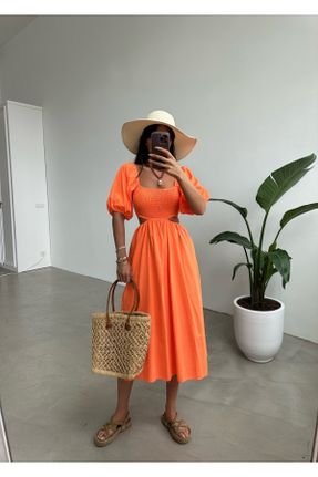 لباس نارنجی زنانه بافتنی پنبه (نخی) آستین-کوتاه کد 742729491