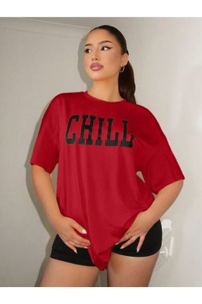 تی شرت قرمز زنانه اورسایز یقه گرد پارچه ای تکی کد 742962305