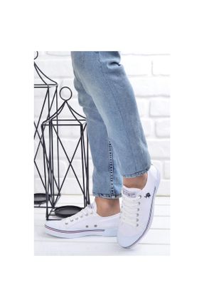 کفش اسنیکر سفید زنانه بند دار پارچه نساجی کد 742303895