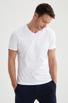 تی شرت سفید مردانه اسلیم فیت یقه هفت پنبه (نخی) تکی بیسیک کد 70499167