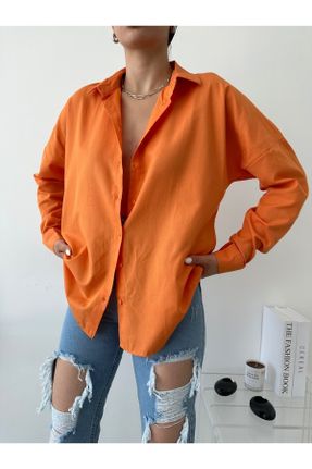 پیراهن نارنجی زنانه اورسایز یقه پیراهنی مخلوط کتان کد 740952723