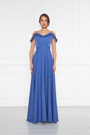 لباس مجلسی آبی زنانه پنبه - پلی استر یقه قایقی بدون آستر کد 743414568