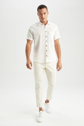 پیراهن سفید مردانه رگولار یقه پیراهنی مخلوط کتان کد 318302704