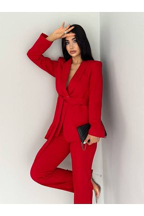 کت و شلوار زرشکی زنانه یقه شالی han fashion - کد 737185672