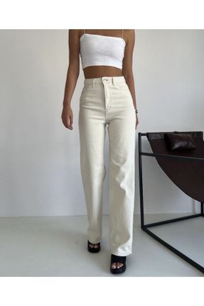 شلوار جین بژ زنانه پاچه راحت فاق بلند جین بلند کد 742909810