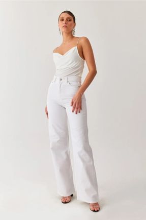 شلوار جین سفید زنانه پاچه گشاد فاق بلند جوان بلند کد 743293140