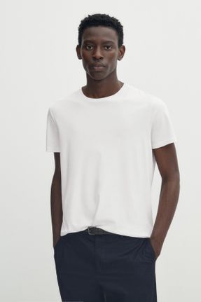تی شرت سفید مردانه Fitted پنبه (نخی) یقه گرد کد 659010438
