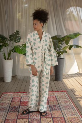 کیمونو سبز زنانه پنبه - پلی استر بافتنی طرح دار بلند کد 744577741