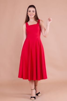 لباس مجلسی قرمز زنانه بافت یقه مربع آستر دار کد 743837675