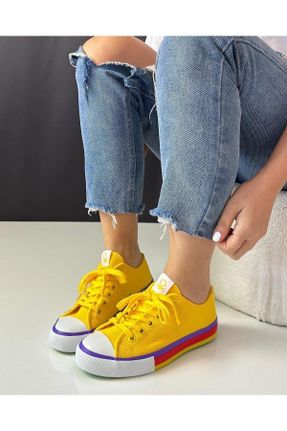 کفش اسنیکر زرد زنانه بند دار چرم مصنوعی کد 235576409