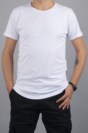 تی شرت سفید مردانه یقه گرد رگولار پنبه (نخی) تکی بیسیک کد 744680816