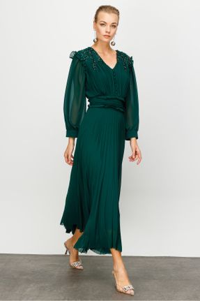 لباس مجلسی سبز زنانه شیفون رگولار یقه دکمه دار آستر دار کد 744129047
