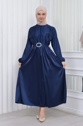 لباس مجلسی سرمه ای زنانه یقه گرد ساتن سایز بزرگ کد 742099917