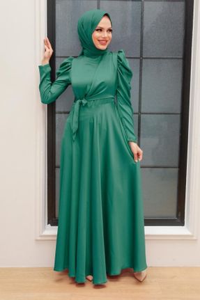 لباس مجلسی سبز زنانه یقه گرد پلی استر A-line کد 472203105