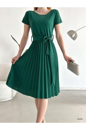 لباس مجلسی سبز زنانه پلی استر آستین کوتاه اسلیم یقه گرد بدون آستر کد 334044188
