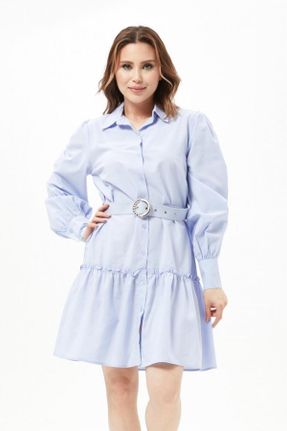لباس آبی زنانه بافتنی مخلوط کتان لباس پیراهنی آستین-بلند کد 746267794