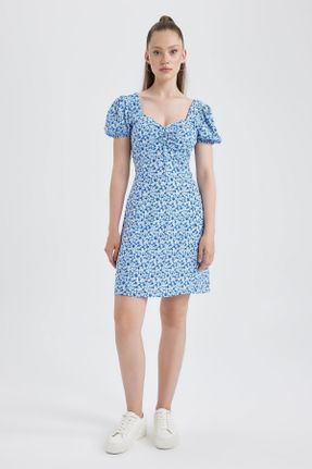 لباس آبی زنانه بافتنی طرح گلدار رگولار آستین-کوتاه کد 739169151