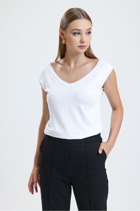 تی شرت سفید زنانه رگولار یقه هفت ویسکون کد 747128201