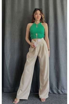 شلوار پارچه ای بژ زنانه فاق بلند LAMİRAMOOD - کد 746408123