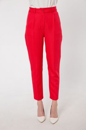 شلوار قرمز زنانه کتان بافتنی پاچه ساده فاق بلند کلاسیک کد 746727331