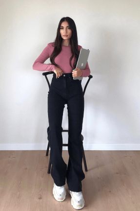 شلوار جین مشکی زنانه پاچه گشاد فاق بلند کد 744808235