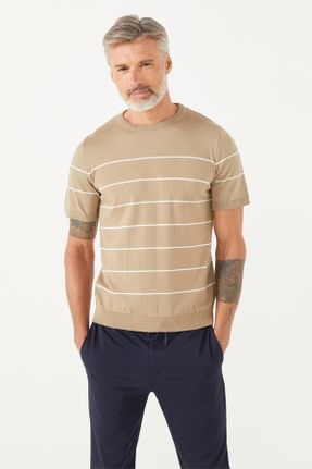 تی شرت بژ مردانه رگولار یقه گرد تکی کد 747778718