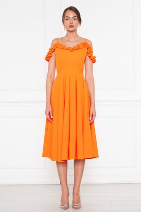 لباس مجلسی نارنجی زنانه بافت یقه هفت بدون آستر کد 747668949