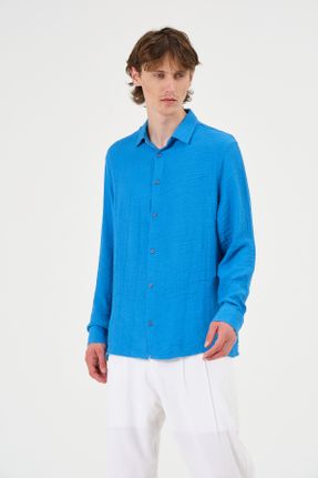 پیراهن آبی مردانه ریلکس یقه پیراهنی پنبه - پلی استر کد 728804325