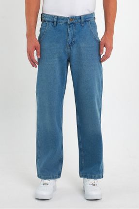 شلوار جین آبی مردانه پاچه رگولار پنبه (نخی) ساده جوان بلند کد 748250212