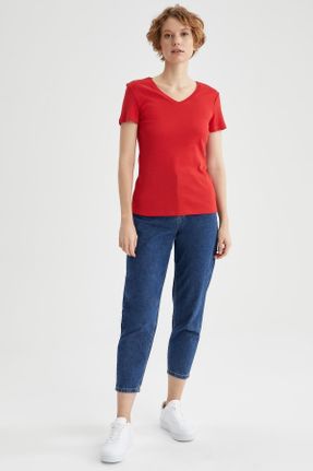 تی شرت قرمز زنانه اسلیم فیت یقه خدمه پنبه (نخی) تکی بیسیک کد 81608602