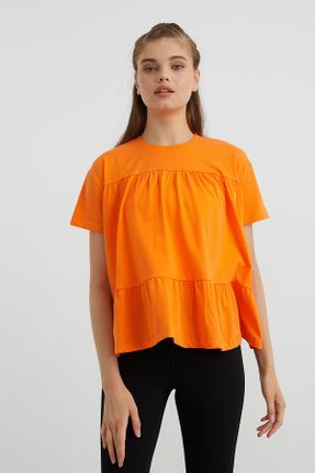تی شرت نارنجی زنانه رگولار یقه گرد تکی کد 747610898