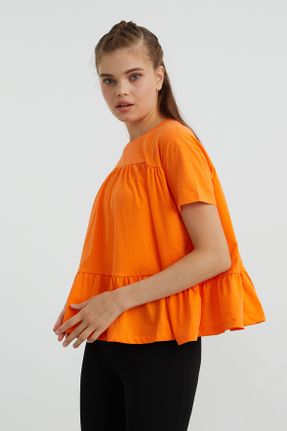 تی شرت نارنجی زنانه یقه گرد رگولار تکی کد 747611177