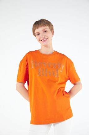 تی شرت نارنجی زنانه رگولار یقه گرد تکی کد 747778391