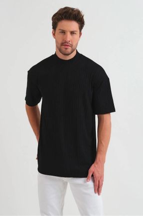 تی شرت مشکی مردانه پنبه - پلی استر یقه نیم اسکی رگولار کد 719956115