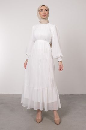 لباس مجلسی سفید زنانه یقه گرد شیفون آستین استاندارد رگولار کد 748924987