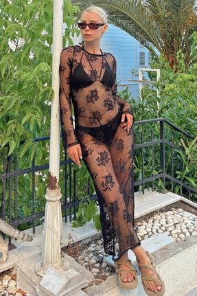 لباس مشکی زنانه بافتنی پلی استر راحت آستین-بلند پوشاک ساحلی کد 748947619