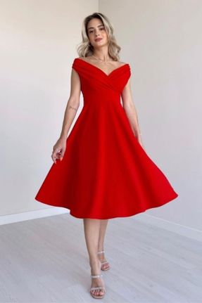 لباس قرمز زنانه بافتنی پنبه (نخی) اسلیم آستین-بلند بیسیک کد 740919500