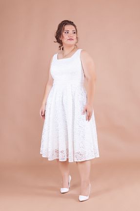 لباس مجلسی سایز بزرگ سفید زنانه یقه مربعی Bidoluelbise - کد 749429638