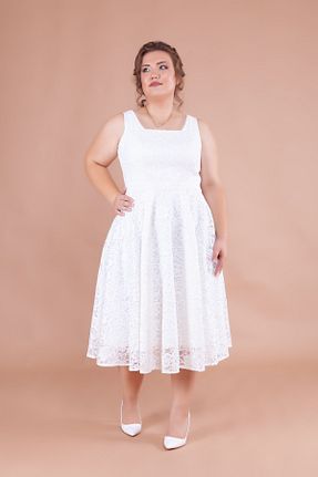 لباس مجلسی سایز بزرگ سفید زنانه یقه مربعی Bidoluelbise - کد 749429638