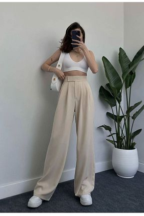 شلوار پارچه ای بژ زنانه فاق بلند LAMİRAMOOD - کد 749631573