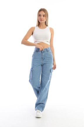 شلوار جین آبی زنانه پاچه گشاد فاق بلند لیکرا کارگو کد 750065731