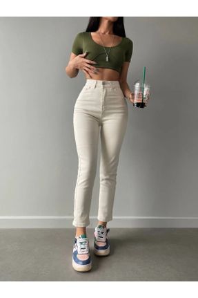 شلوار جین بژ زنانه پاچه لوله ای فاق بلند جوان بلند کد 750084670