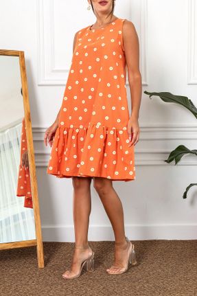 لباس نارنجی زنانه بافتنی مخلوط ویسکون طرح گلدار رگولار آستین-کوتاه بیسیک کد 750099358