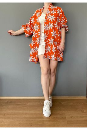 کیمونو و کافتان نارنجی زنانه مخلوط کتان Sinhan - کد 707363086