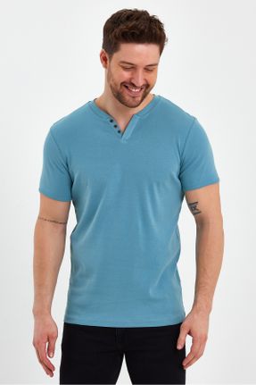 تی شرت آبی مردانه رگولار یقه دکمه دار تکی کد 736135339