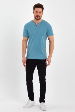 تی شرت آبی مردانه رگولار یقه دکمه دار تکی کد 736135339