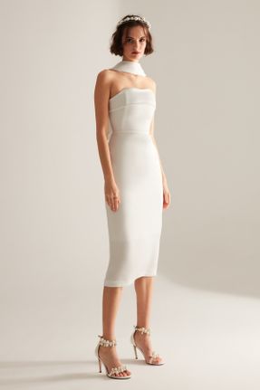 لباس مجلسی سفید زنانه رگولار بافت استراپلز آستین استاندارد آستر دار کد 467796052