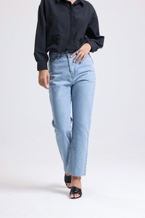 شلوار جین آبی زنانه پاچه رگولار جین ساده جوان بلند کد 750105774